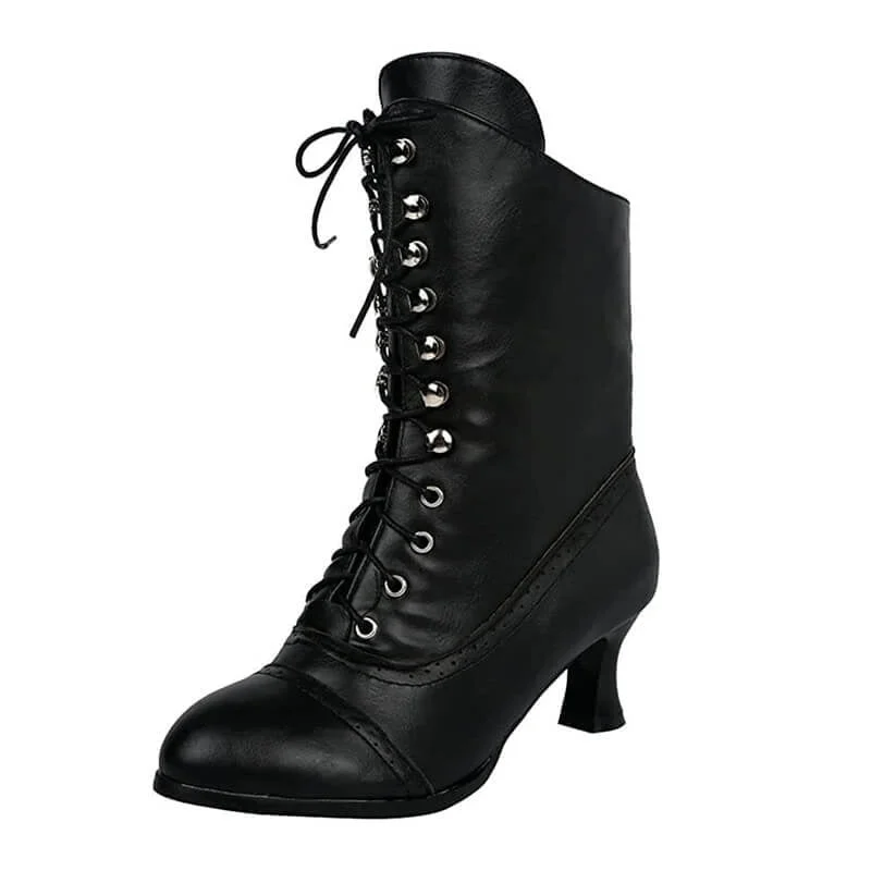 Stivaletti Vintage Vittoriani Donna Minetom - Lacci, Tacco Gattino 5 Cm, Punta Traforata, Colore Scuro, Medio Polpaccio, Suola Gommata